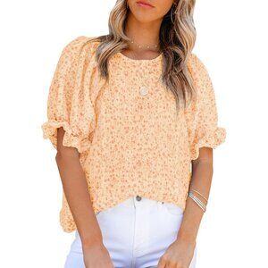 Women Orange Print Blouse Crewneck Smocked Puff Sleeve Shirt Casual Babydoll Top